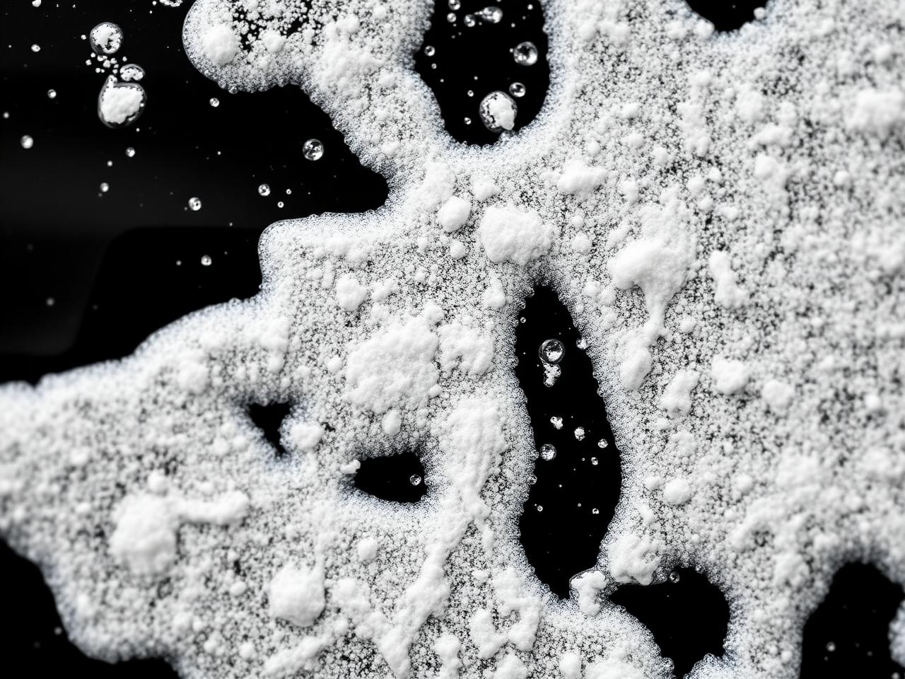 Snow foam soap on a black car door panel